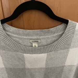 Womens Cotton Cashmere L.L. Bean Light Gray Plaid Sweater